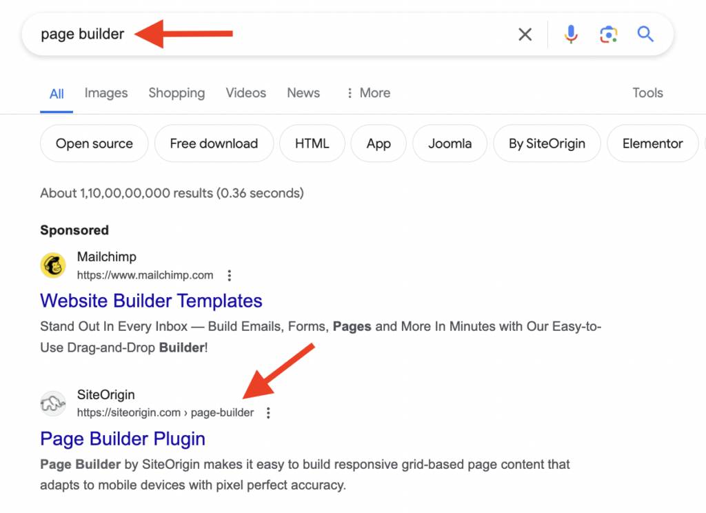 google search results for "page builder" with arrow pointing to the keyword and another arrow pointing to the URL of one result containing the keyword