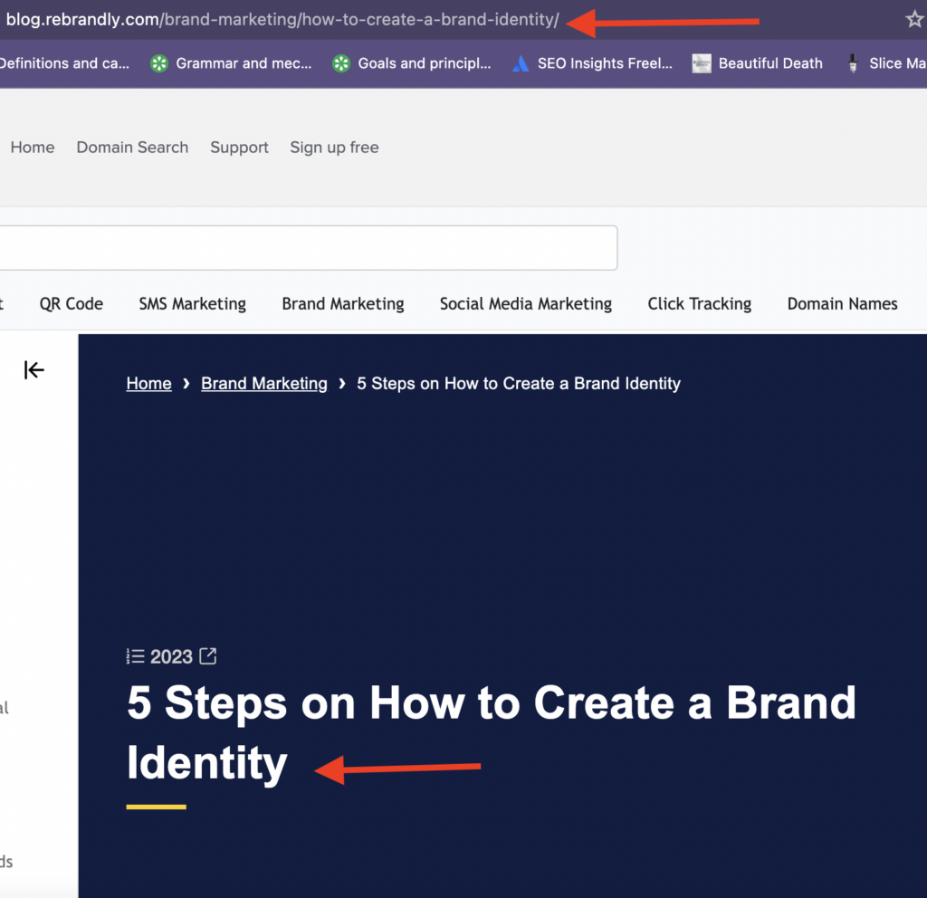 Rebrandly blog on "5 steps to create a brand identity" with arrows pointing to the title and the url, which reads "how to create a brand identity"