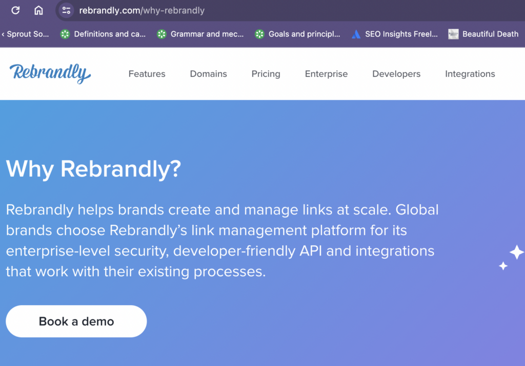 "Why Rebrandly?" page with a URL that doesn't include a question mark