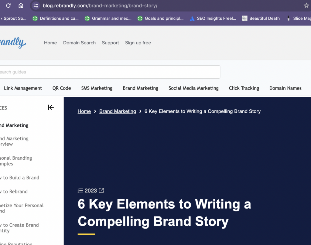 rebrandly blog post on "6 key elements to writing a compelling brand story" with a URL that only includes "brand-story"